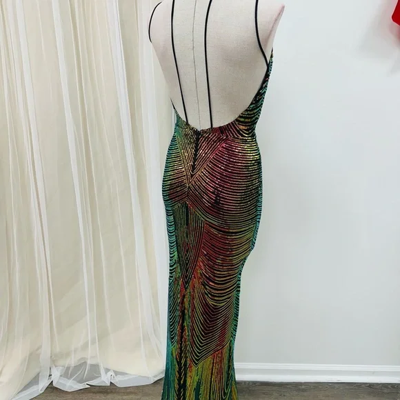 NYE Iridescent Sequin Open Back Evening Dress Gown Sz Small - Picture 3 of 3